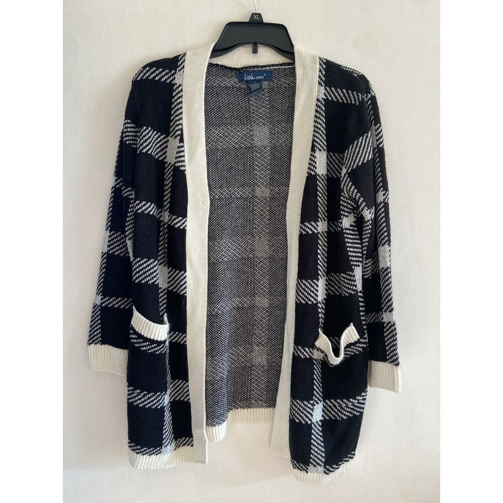 Lark + Gray Classic Black And White Cardigan Large Long Sleeve Plaid